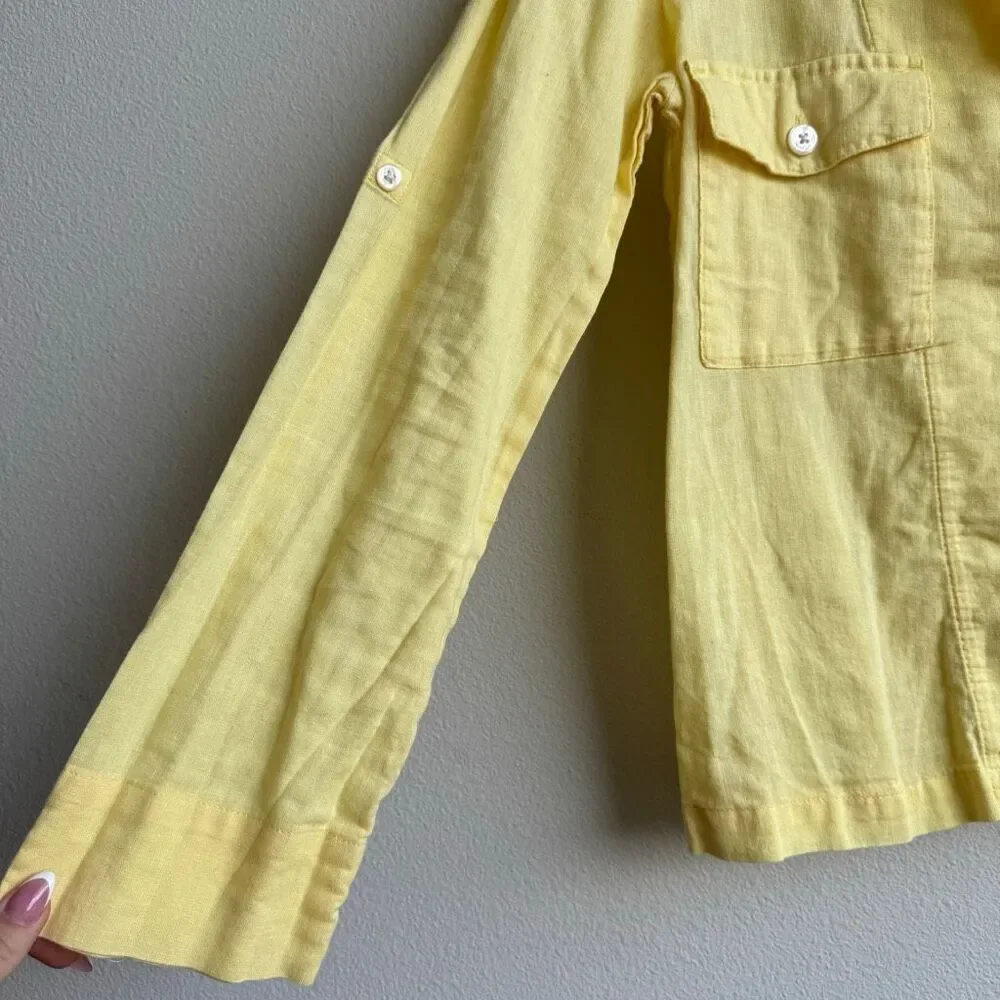 J Crew Camp Collar Featherweight Linen Blend Button Up Shirt US Women's 4 Yellow